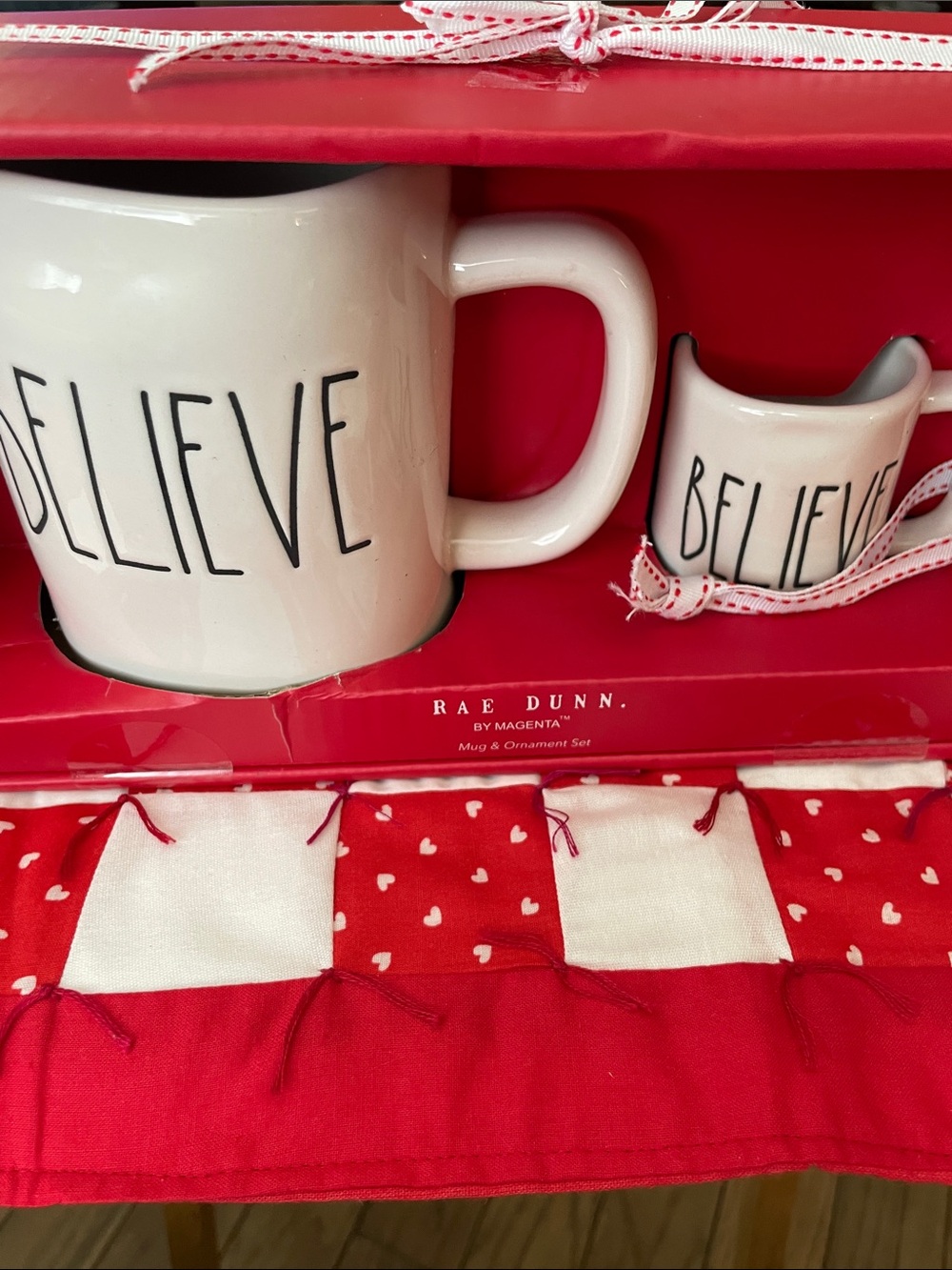 New in Box Rae Dunn White 'BELIEVE' Ceramic Mug & Ornament Set with Red Accents
